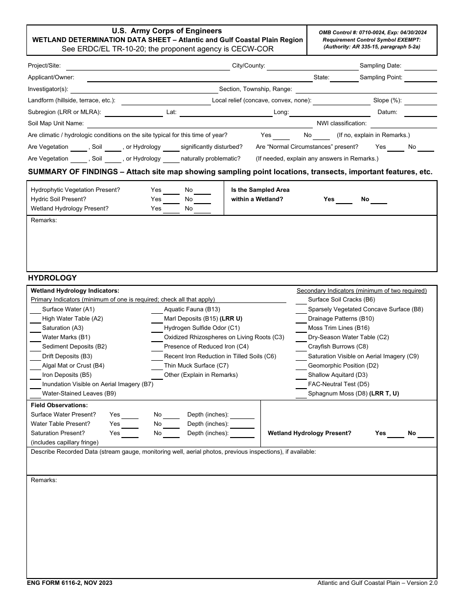 ENG Form 6116-2 Wetland Determination Data Sheet - Atlantic and Gulf Coastal Plain Region, Page 1