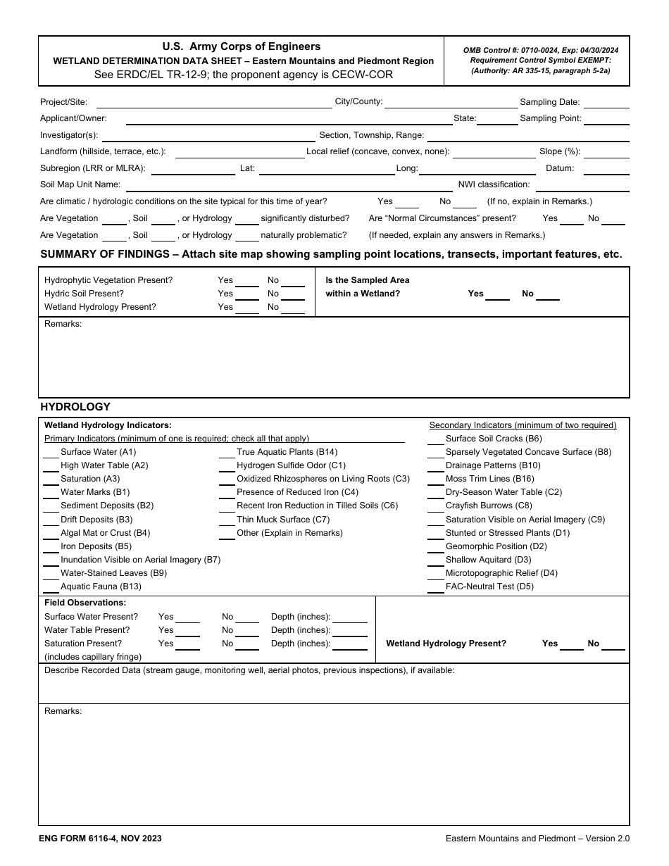 ENG Form 6116-4 Wetland Determination Data Sheet - Eastern Mountains and Piedmont Region, Page 1