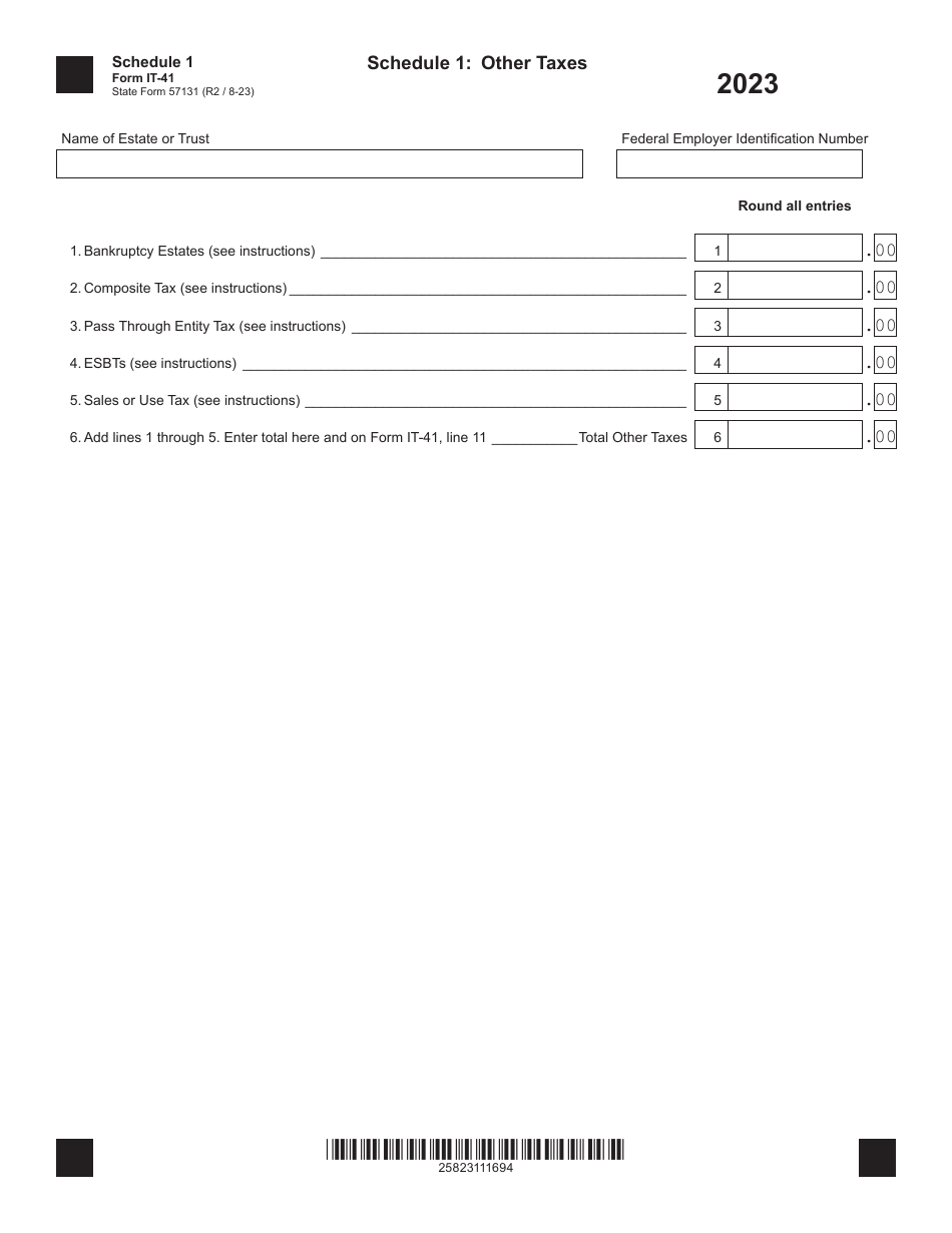 Form IT-41 (State Form 57131) Schedule 1 Other Taxes - Indiana, Page 1