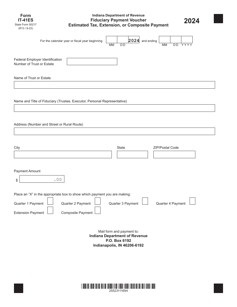 Form IT-41ES (State Form 50217) Fiduciary Payment Voucher - Estimated Tax, Extension, or Composite Payment - Indiana, Page 1