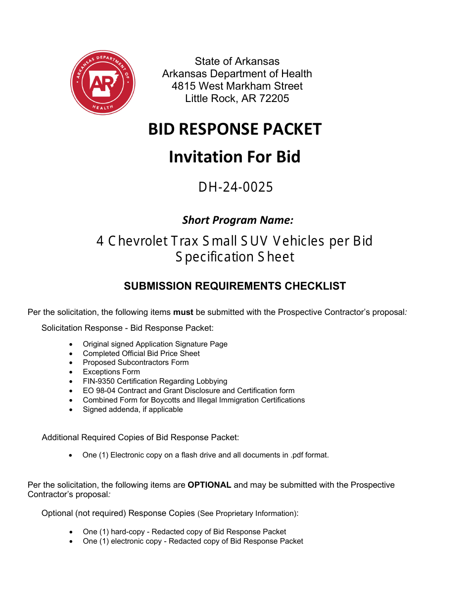 Form DH-24-0025 Bid Response Packet - 4 Chevrolet Trax Small Suv Vehicles Per Bid Specification Sheet - Arkansas, Page 1