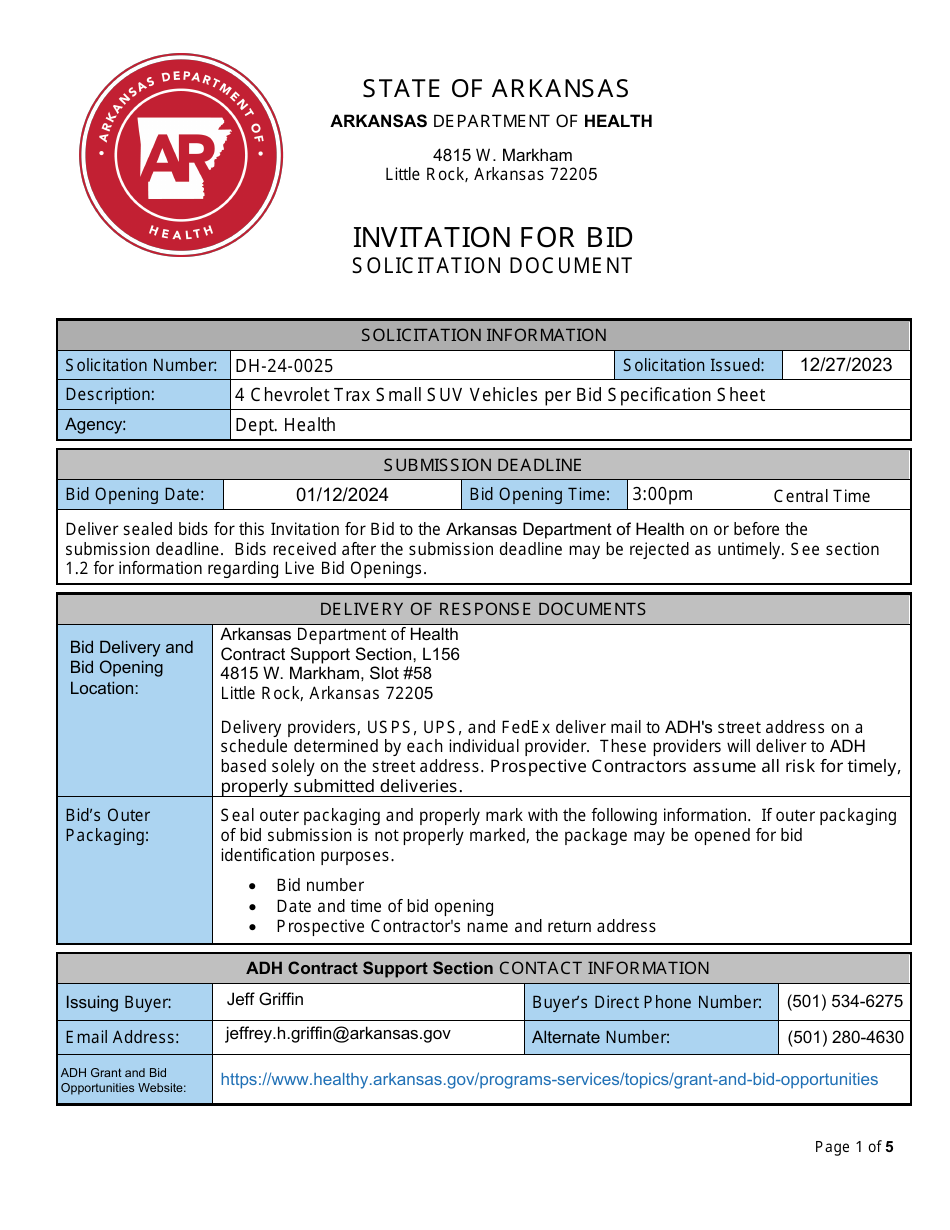 Form DH-24-0025 Invitation for Bid - 4 Chevrolet Trax Small Suv Vehicles Per Bid Specification Sheet - Arkansas, Page 1
