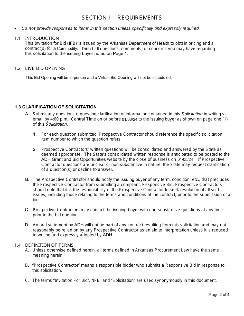 Form DH-24-0025 Invitation for Bid - 4 Chevrolet Trax Small Suv Vehicles Per Bid Specification Sheet - Arkansas, Page 2