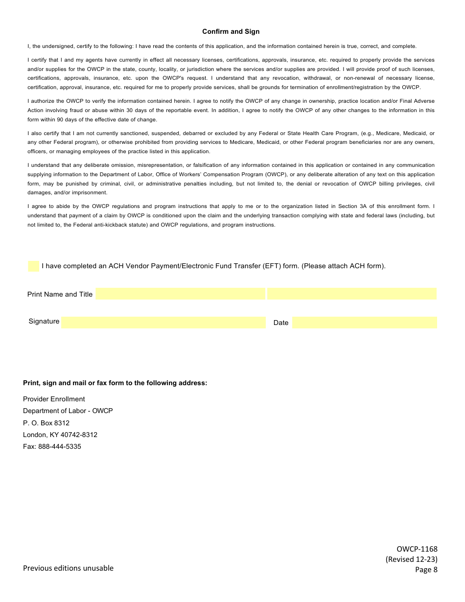 Form OWCP-1168 Provider Enrollment Form, Page 10
