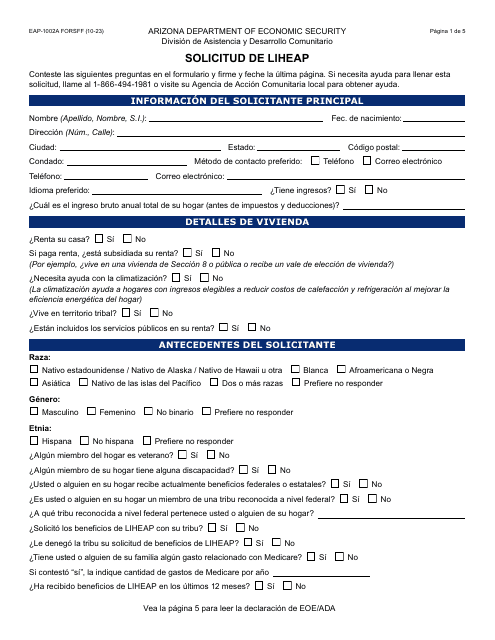Formulario Eap 1002a S Fill Out Sign Online And Download Fillable Pdf Arizona Spanish 8509