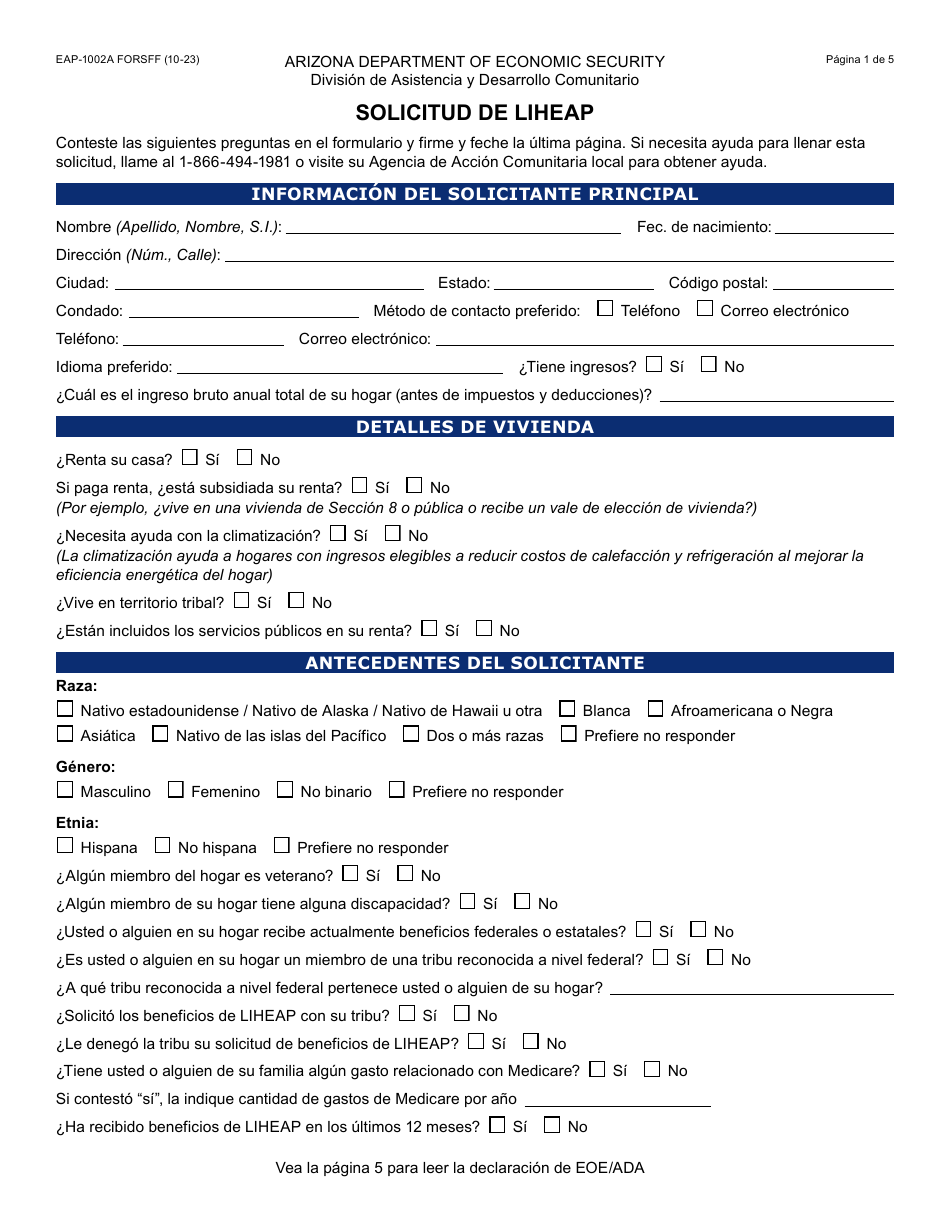 Formulario EAP-1002A-S Solicitud De Liheap - Arizona (Spanish), Page 1