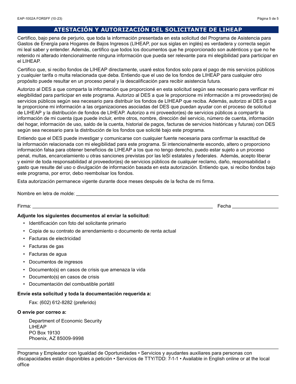 Formulario Eap 1002a S Fill Out Sign Online And Download Fillable Pdf Arizona Spanish 0182