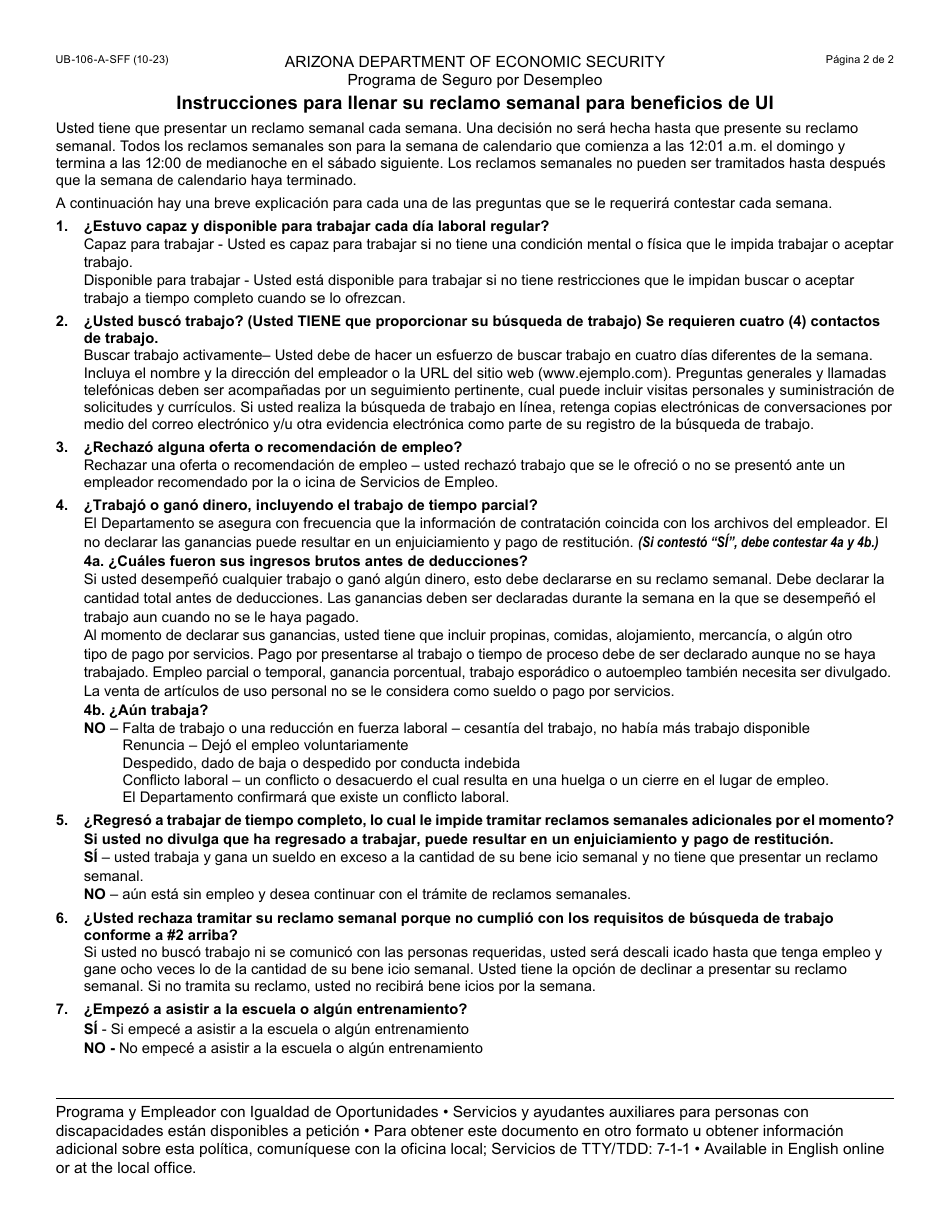 Formulario UB-106-A-S Reclamo Semanal Para Beneficios De Seguro Por Desempleo (Ui) - Arizona (Spanish), Page 2