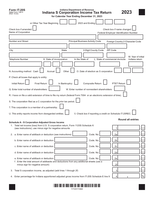 Form IT-20S (State Form 10814) 2023 Printable Pdf