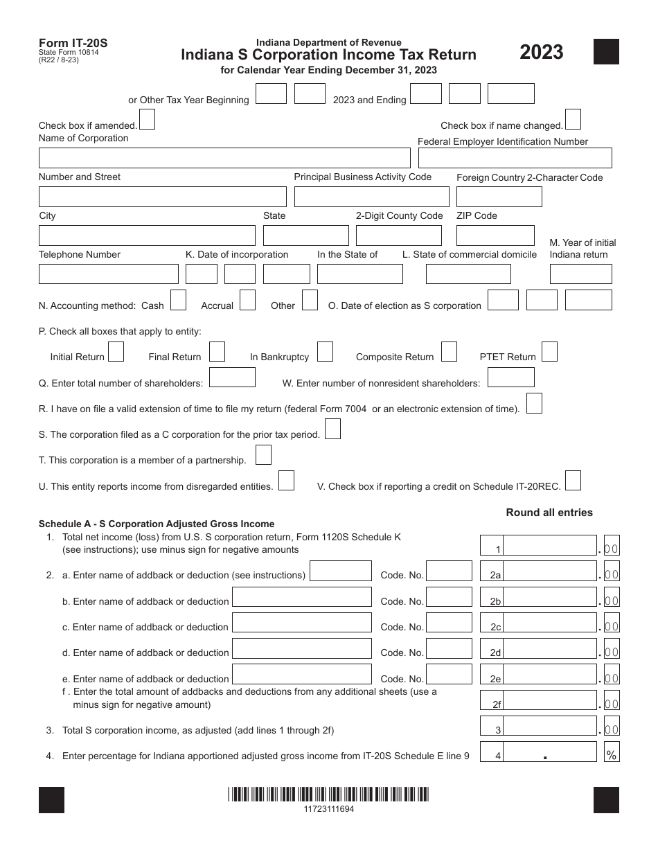Form IT-20S (State Form 10814) Indiana S Corporation Income Tax Return - Indiana, Page 1