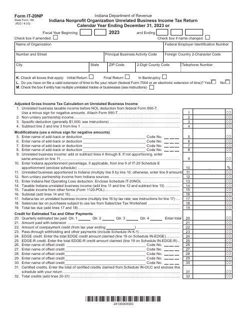 Form IT-20NP (State Form 148) Indiana Nonprofit Organization Unrelated Business Income Tax Return - Indiana, 2023