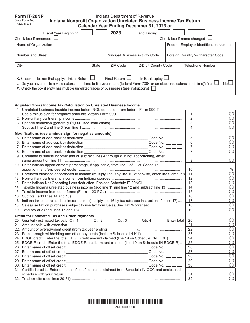 Form IT-20NP (State Form 148) Indiana Nonprofit Organization Unrelated Business Income Tax Return - Indiana, Page 1