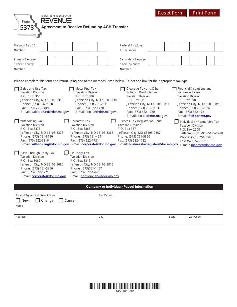 Form 5378 Agreement to Receive Refund by ACH Transfer - Missouri, Page 1