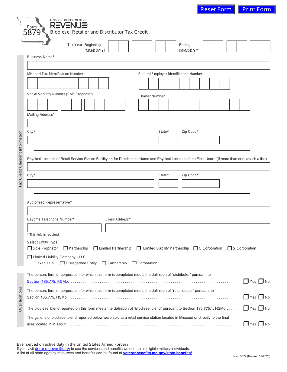 Form 5879 Biodiesel Retailer and Distributor Tax Credit - Missouri, Page 1
