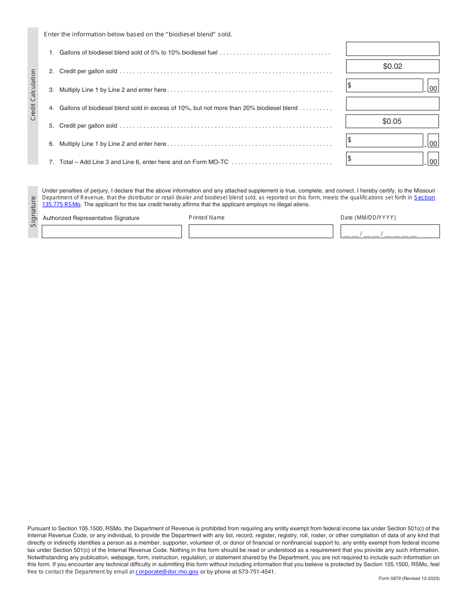 Form 5879 Biodiesel Retailer and Distributor Tax Credit - Missouri, Page 2