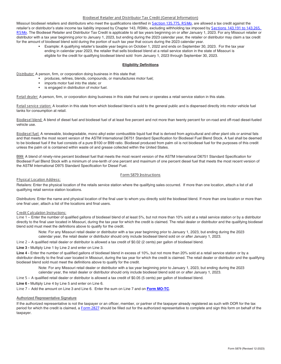 Form 5879 Biodiesel Retailer and Distributor Tax Credit - Missouri, Page 3