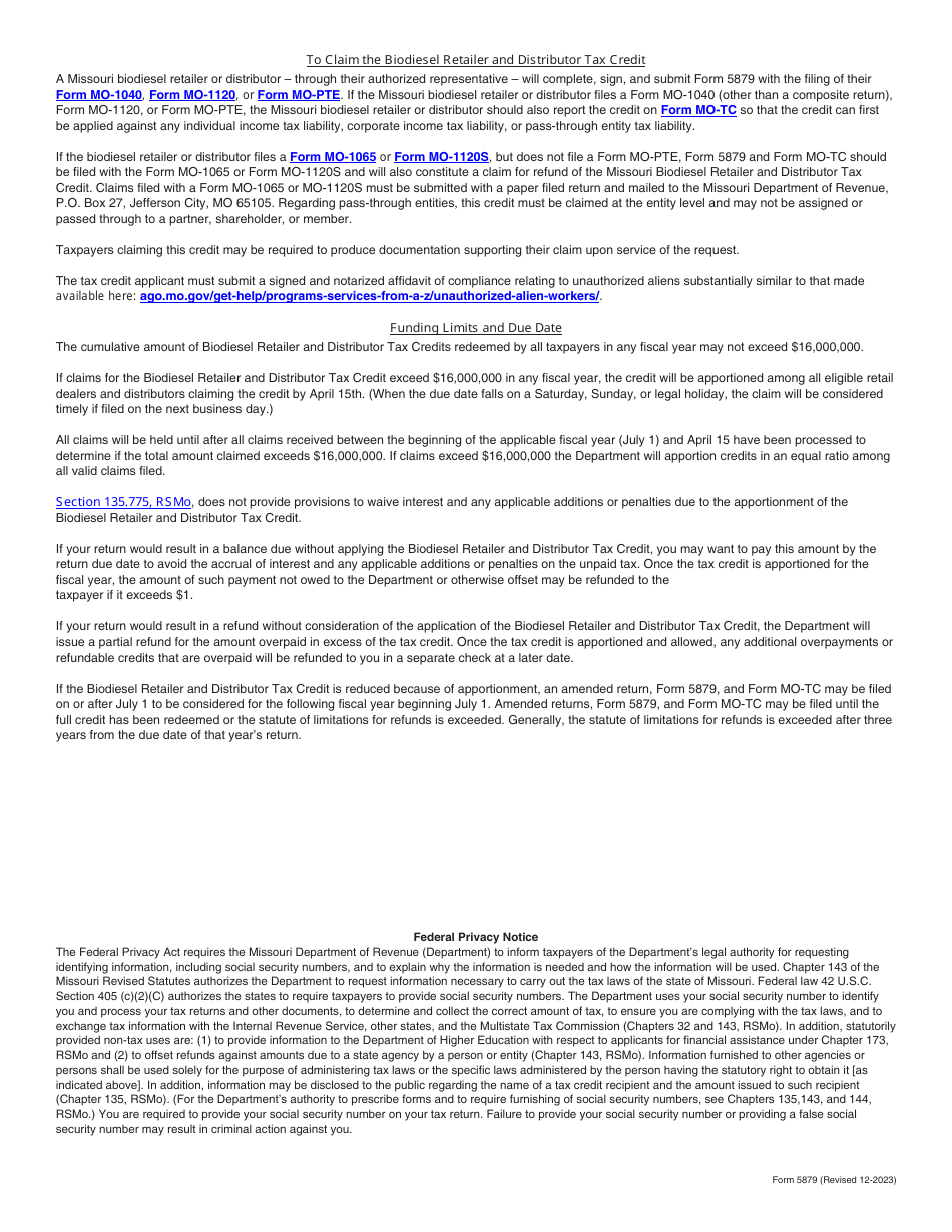 Form 5879 Biodiesel Retailer and Distributor Tax Credit - Missouri, Page 4