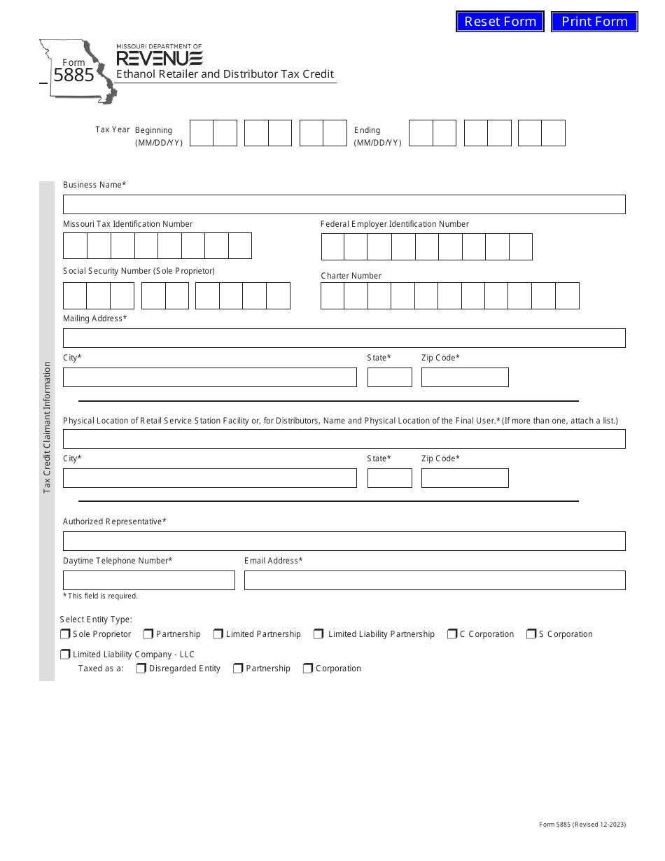 Form 5885 Ethanol Retailer and Distributor Tax Credit - Missouri, Page 1