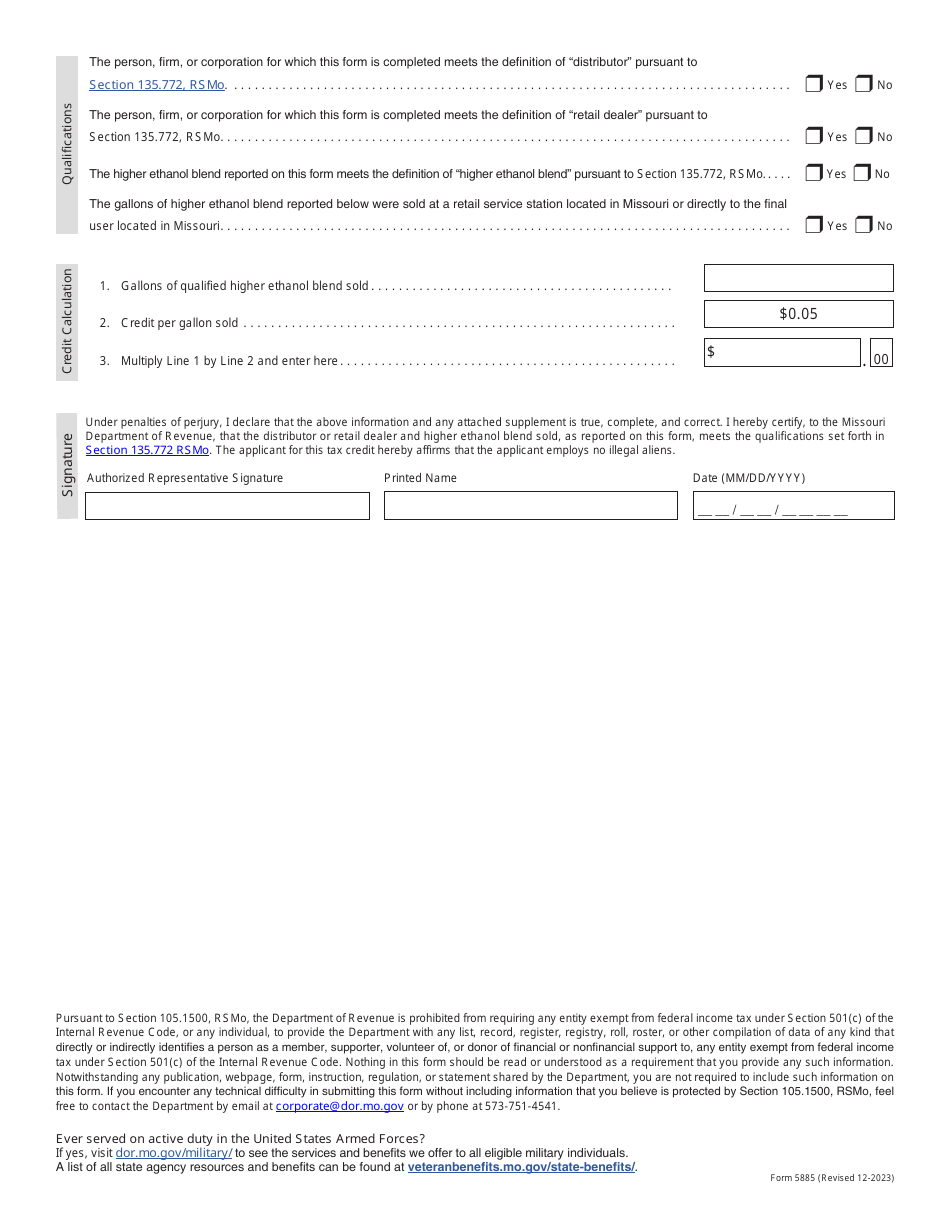 Form 5885 Ethanol Retailer and Distributor Tax Credit - Missouri, Page 2