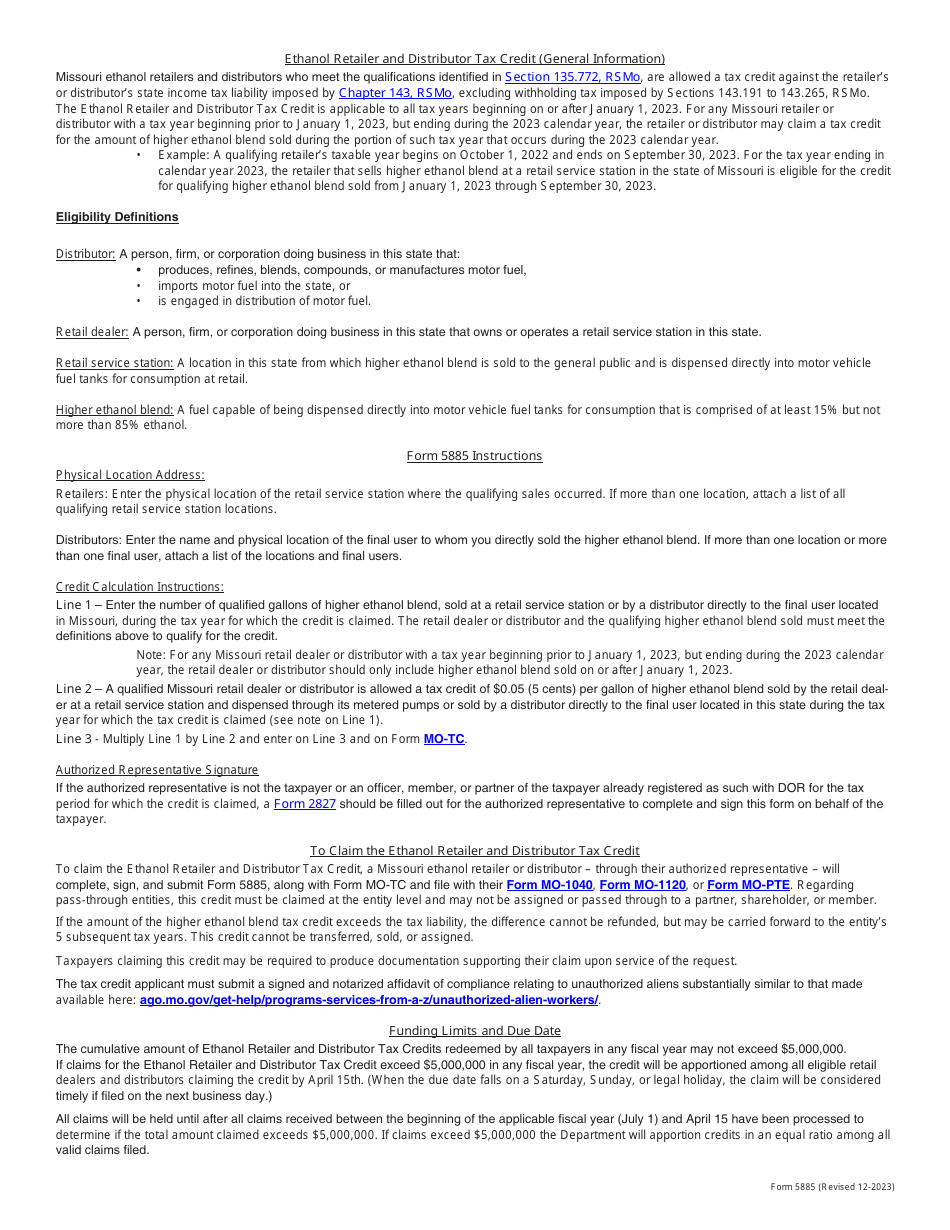 Form 5885 Ethanol Retailer and Distributor Tax Credit - Missouri, Page 3