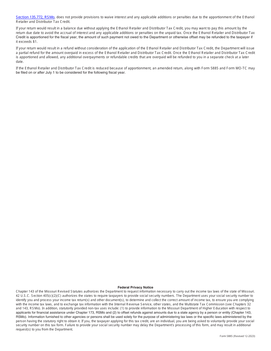 Form 5885 Ethanol Retailer and Distributor Tax Credit - Missouri, Page 4