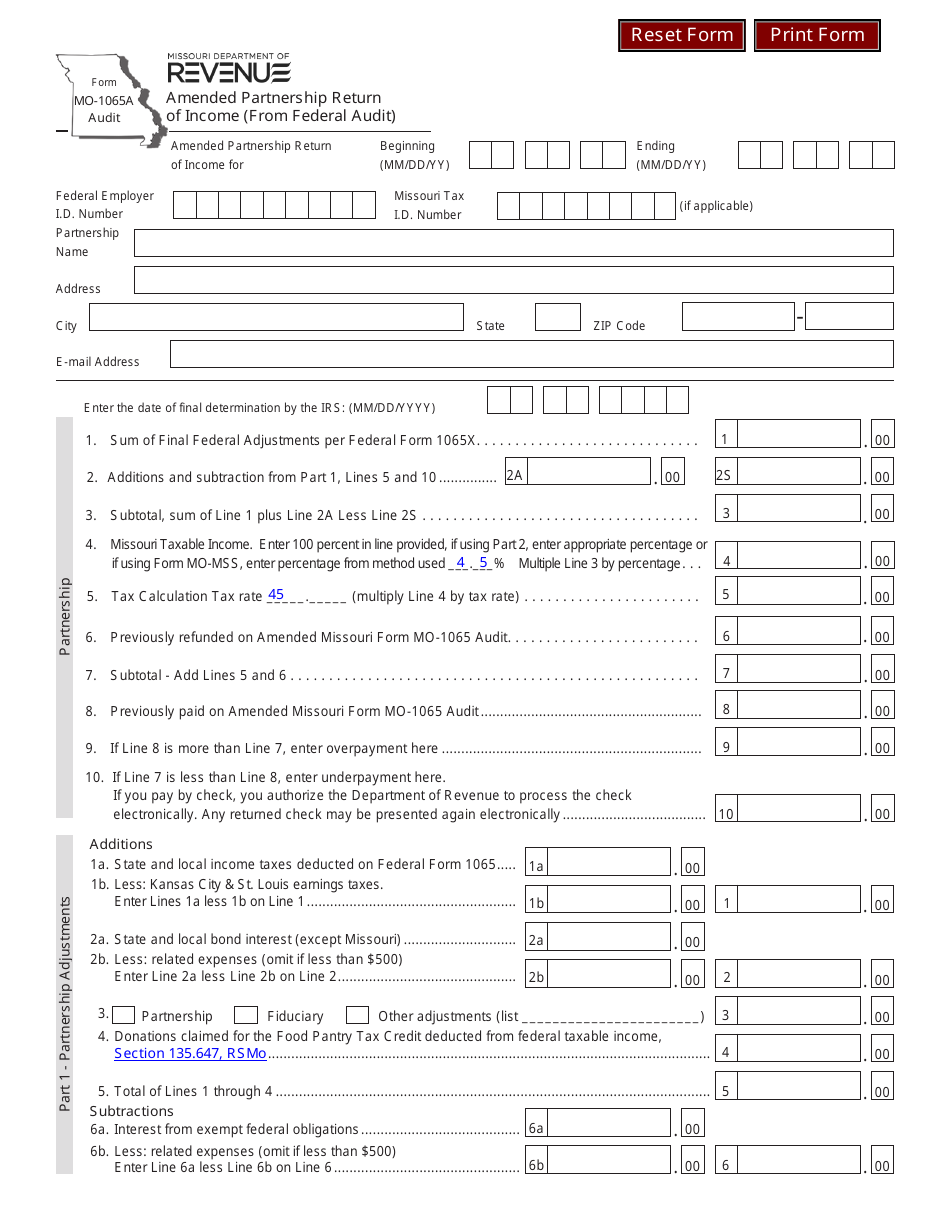 Form MO-1065A AUDIT Amended Partnership Return of Income (From Federal Audit) - Missouri, Page 1