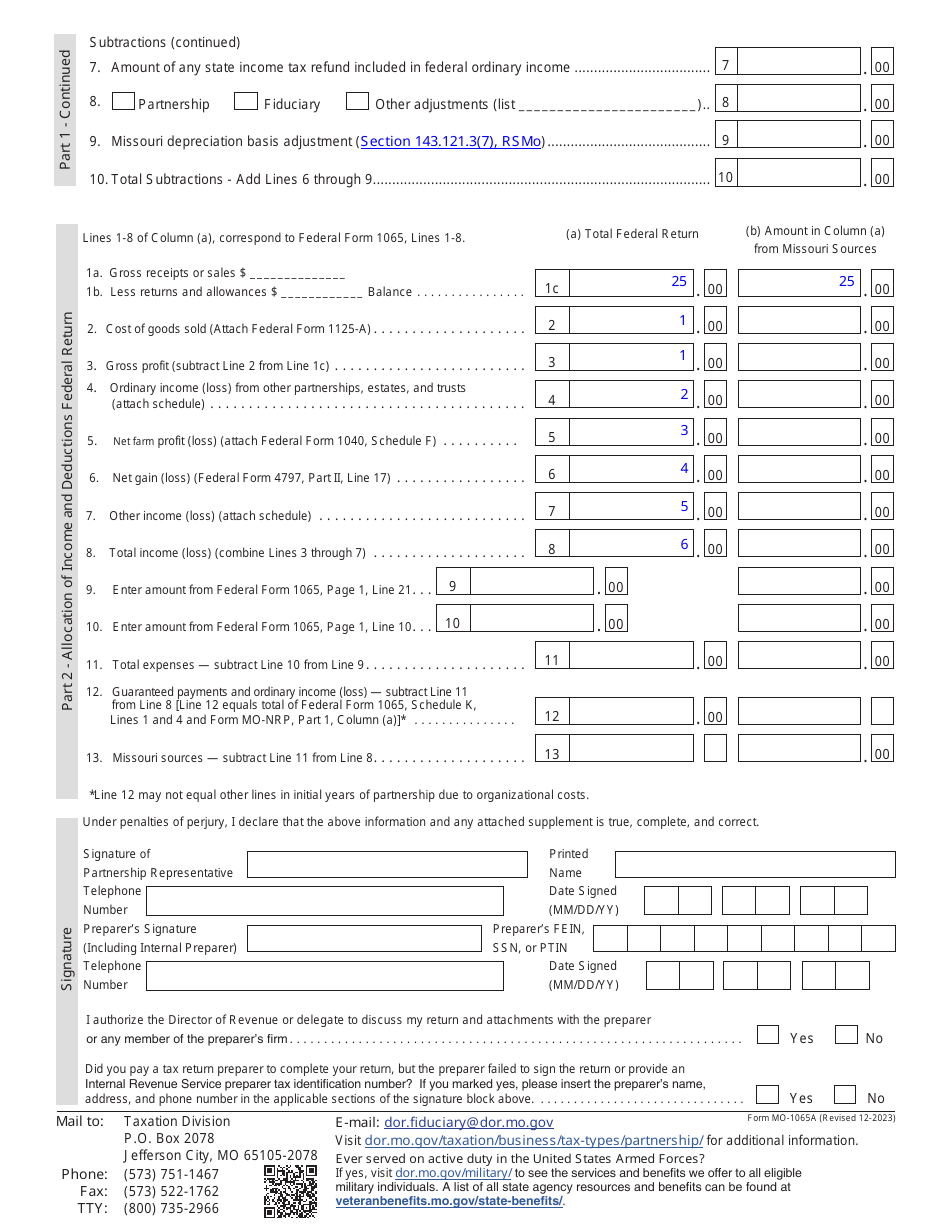 Form MO-1065A AUDIT Download Fillable PDF or Fill Online Amended ...