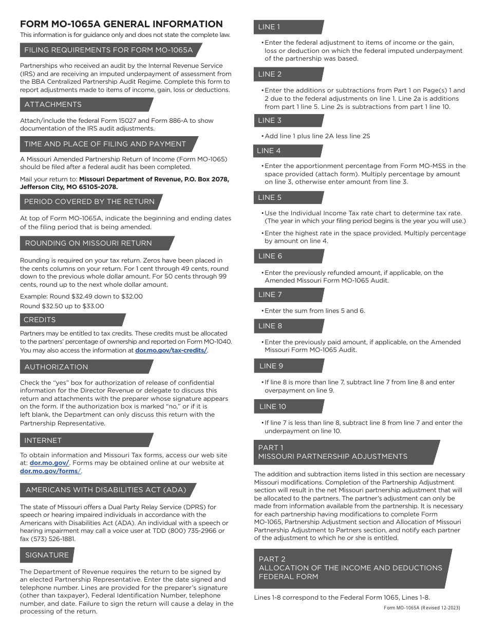 Form MO-1065A AUDIT Amended Partnership Return of Income (From Federal Audit) - Missouri, Page 3
