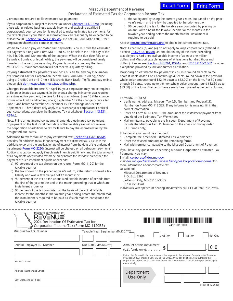 Form MO-1120ES Declaration of Estimated Tax for Corporation Income Tax - Missouri, Page 1
