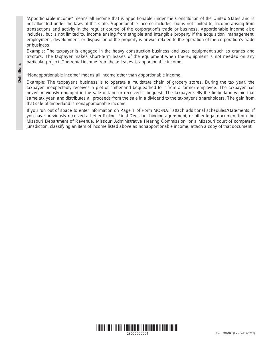 Form MO-NAI Nonapportionable Income Schedule - Missouri, Page 2