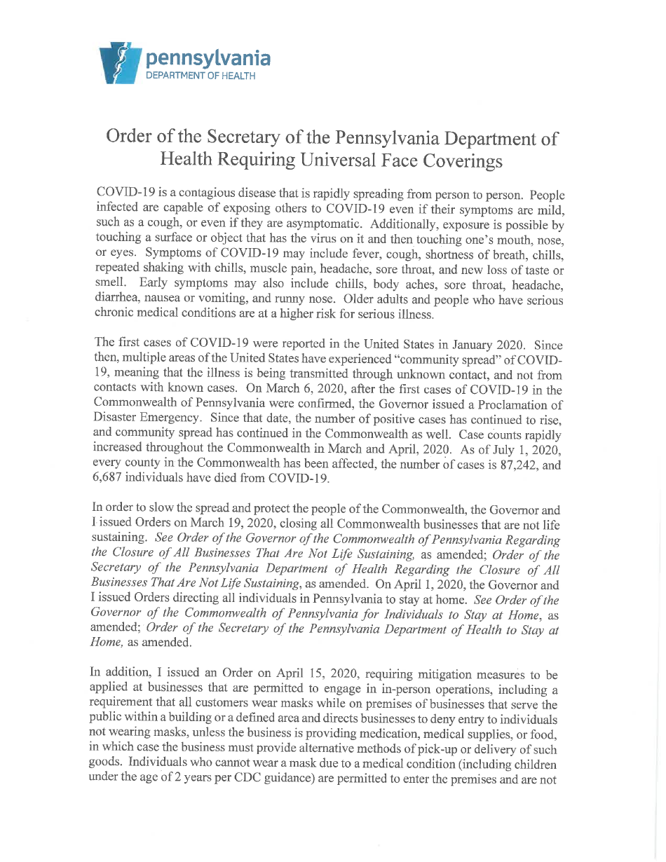 Order of the Secretary of the Pennsylvania Department of Health Requiring Universal Face Coverings - Pennsylvania, Page 1