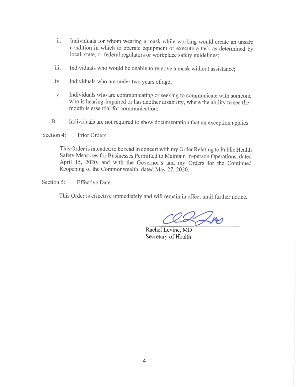 Order of the Secretary of the Pennsylvania Department of Health Requiring Universal Face Coverings - Pennsylvania, Page 4