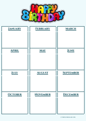 Document preview: Birthday Calendar Template - Varicolored