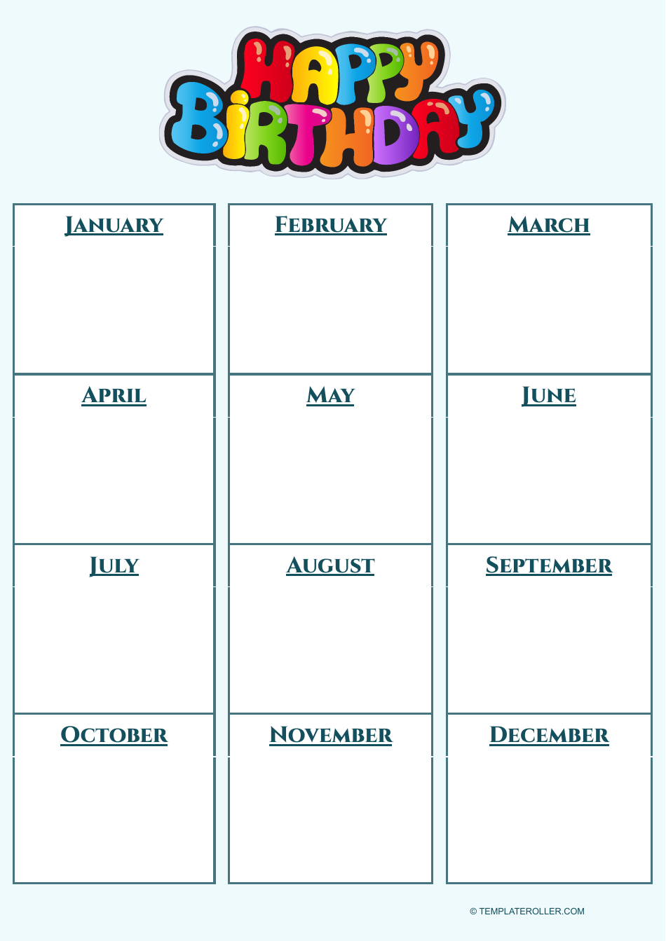 Birthday Calendar Template - Varicolored Download Printable PDF ...