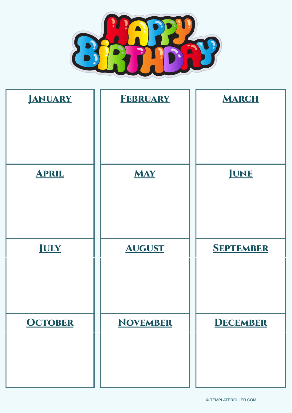 Birthday Calendar Template - Varicolored, Page 1