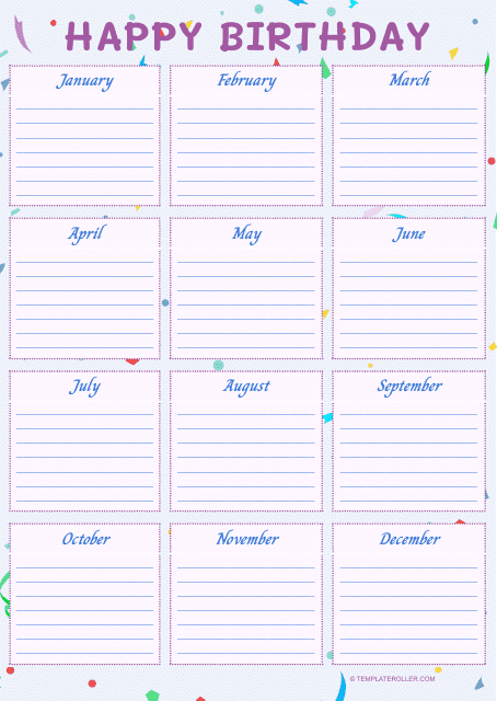 Birthday Calendar Template - Violet Download Pdf