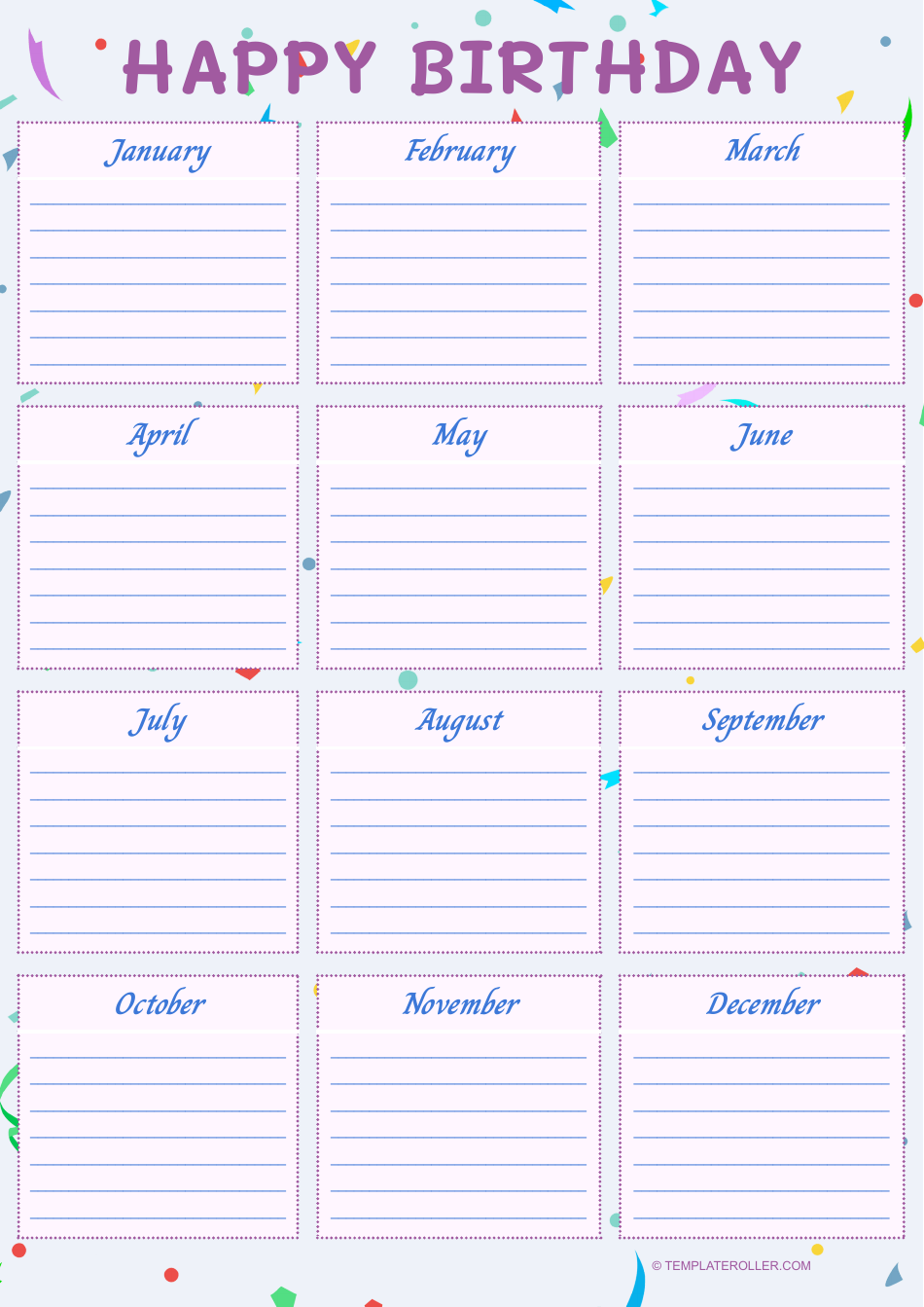 Birthday Calendar Template - Violet, Page 1