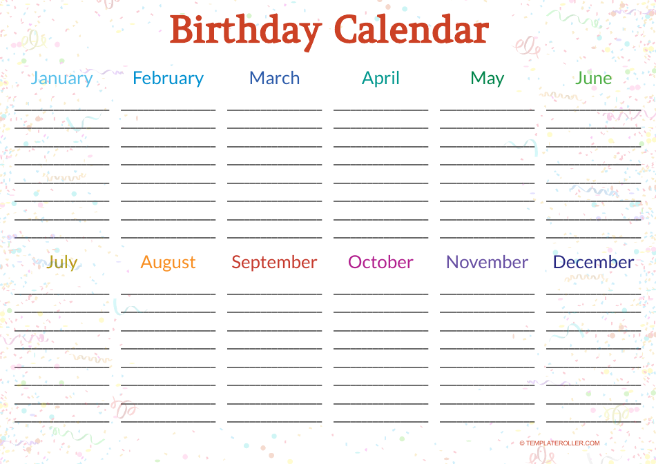Birthday Calendar Template - Red, Page 1