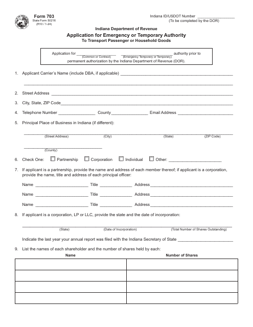 Form 703 (State Form 50216) Application for Emergency or Temporary Authority to Transport Passenger or Household Goods - Indiana