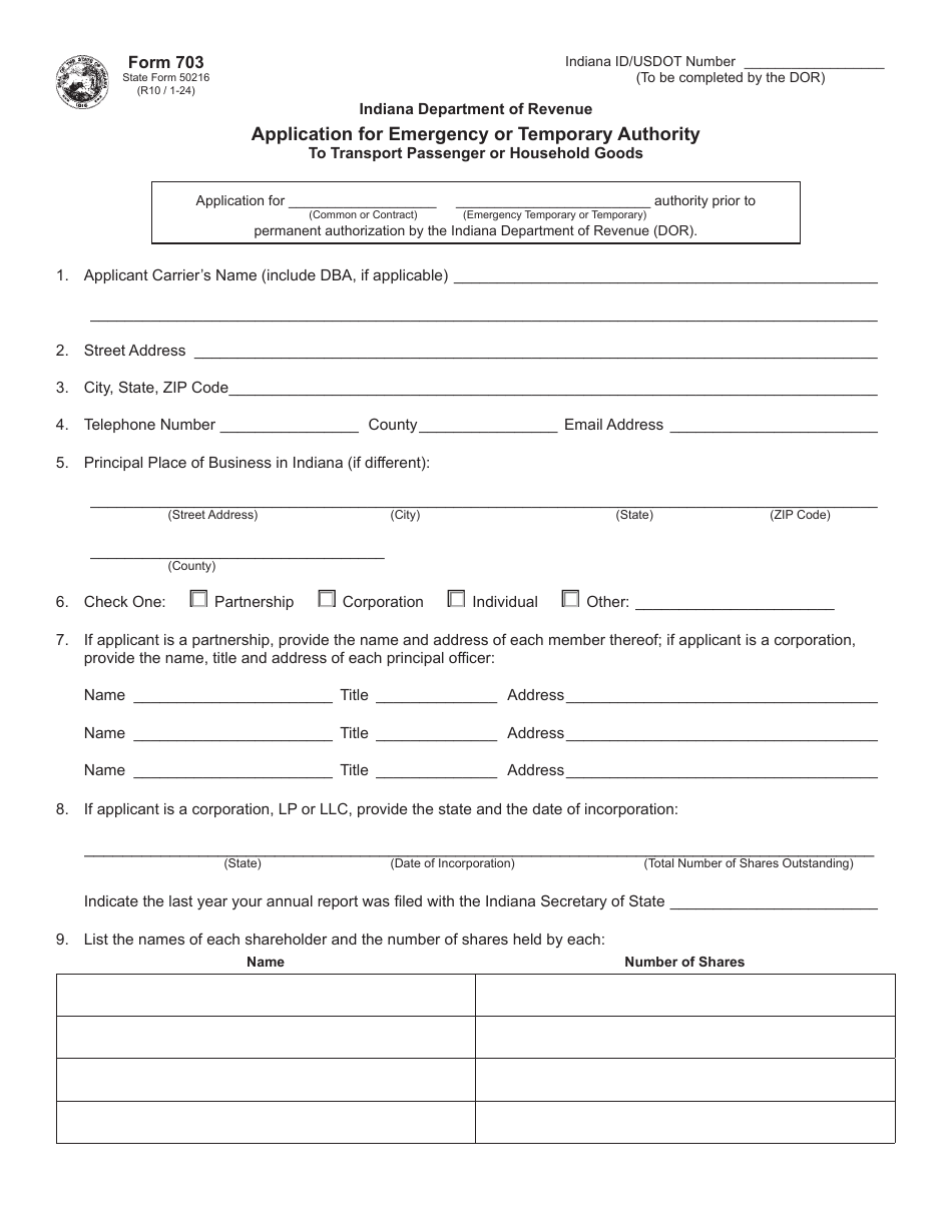 Form 703 (State Form 50216) Application for Emergency or Temporary Authority to Transport Passenger or Household Goods - Indiana, Page 1