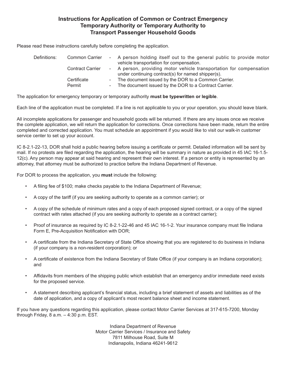 Form 703 (State Form 50216) Application for Emergency or Temporary Authority to Transport Passenger or Household Goods - Indiana, Page 5