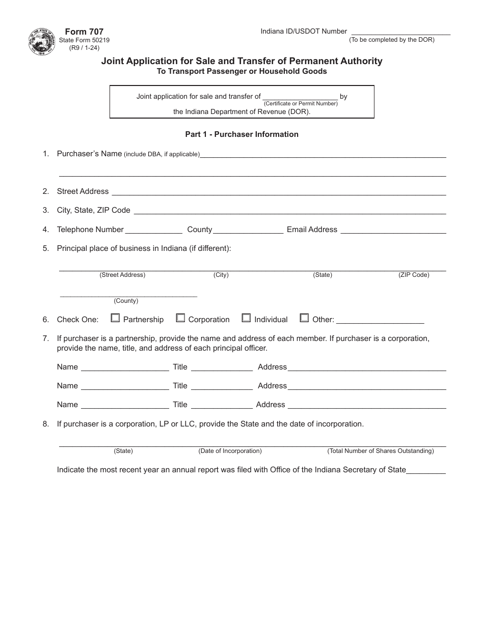 Form 707 (State Form 50219) Joint Application for Sale and Transfer of Permanent Authority to Transport Passenger or Household Goods - Indiana, Page 1