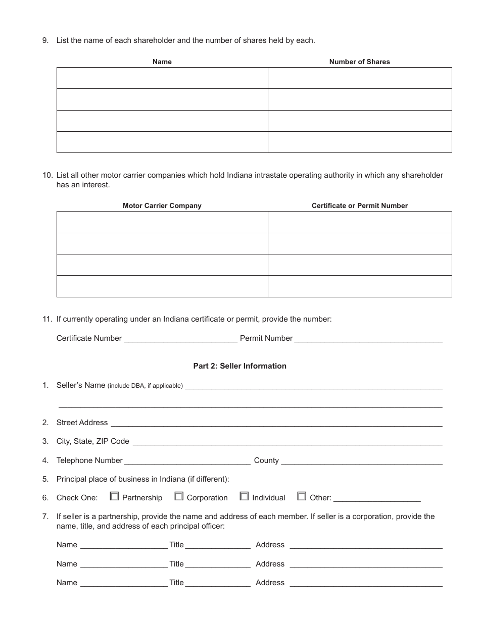Form 707 (State Form 50219) Joint Application for Sale and Transfer of Permanent Authority to Transport Passenger or Household Goods - Indiana, Page 2