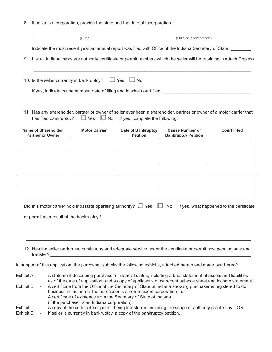 Form 707 (State Form 50219) Joint Application for Sale and Transfer of Permanent Authority to Transport Passenger or Household Goods - Indiana, Page 3