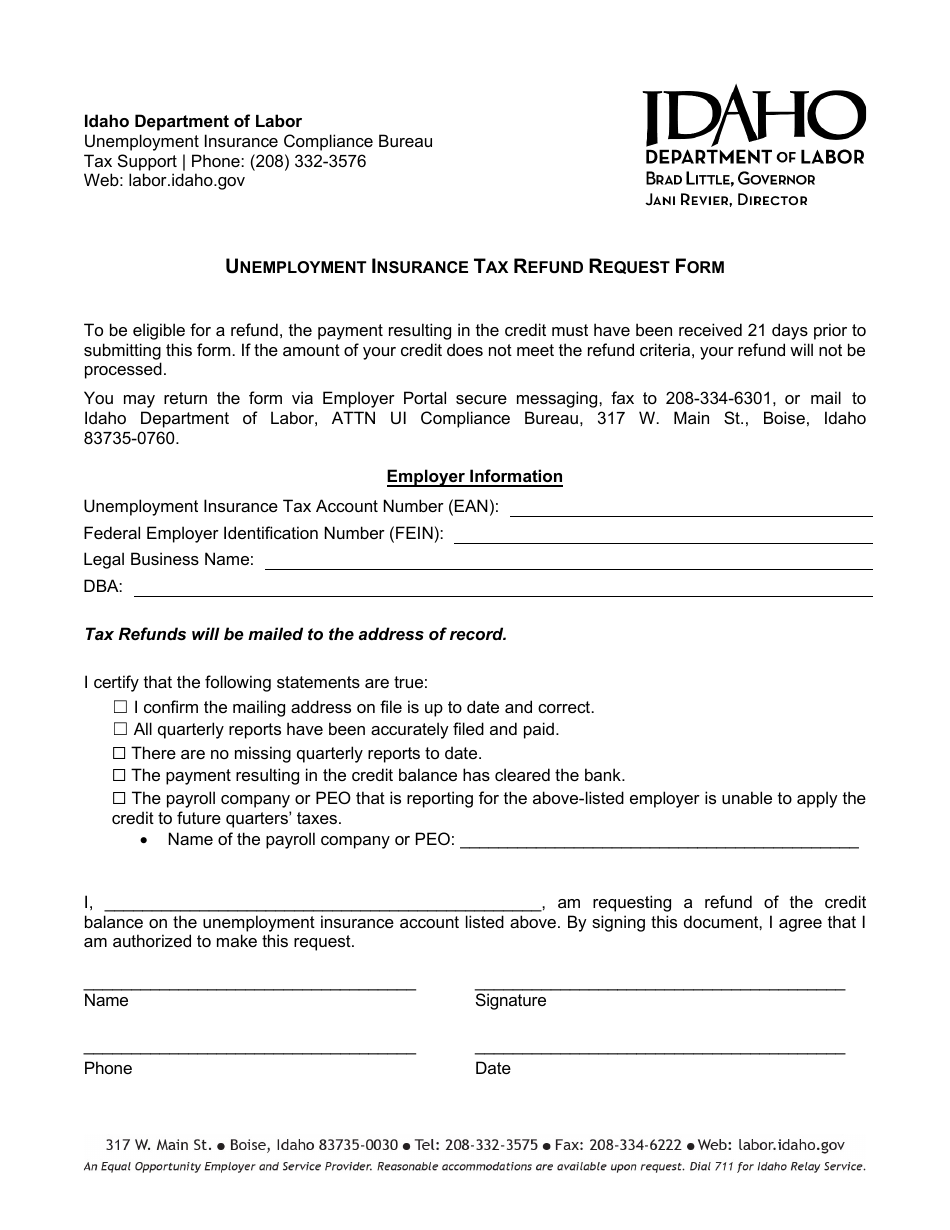Unemployment Insurance Tax Refund Request Form - Idaho, Page 1