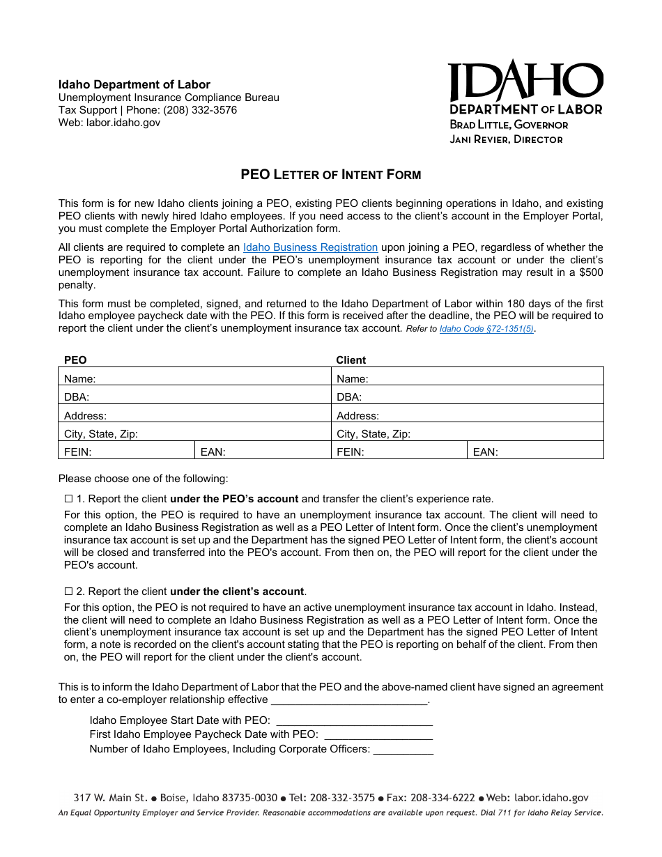 Peo Letter of Intent Form - Idaho, Page 1