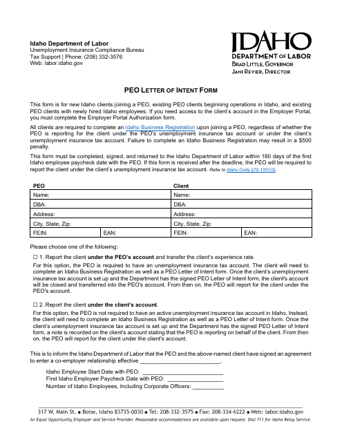 Peo Letter of Intent Form - Idaho Download Pdf