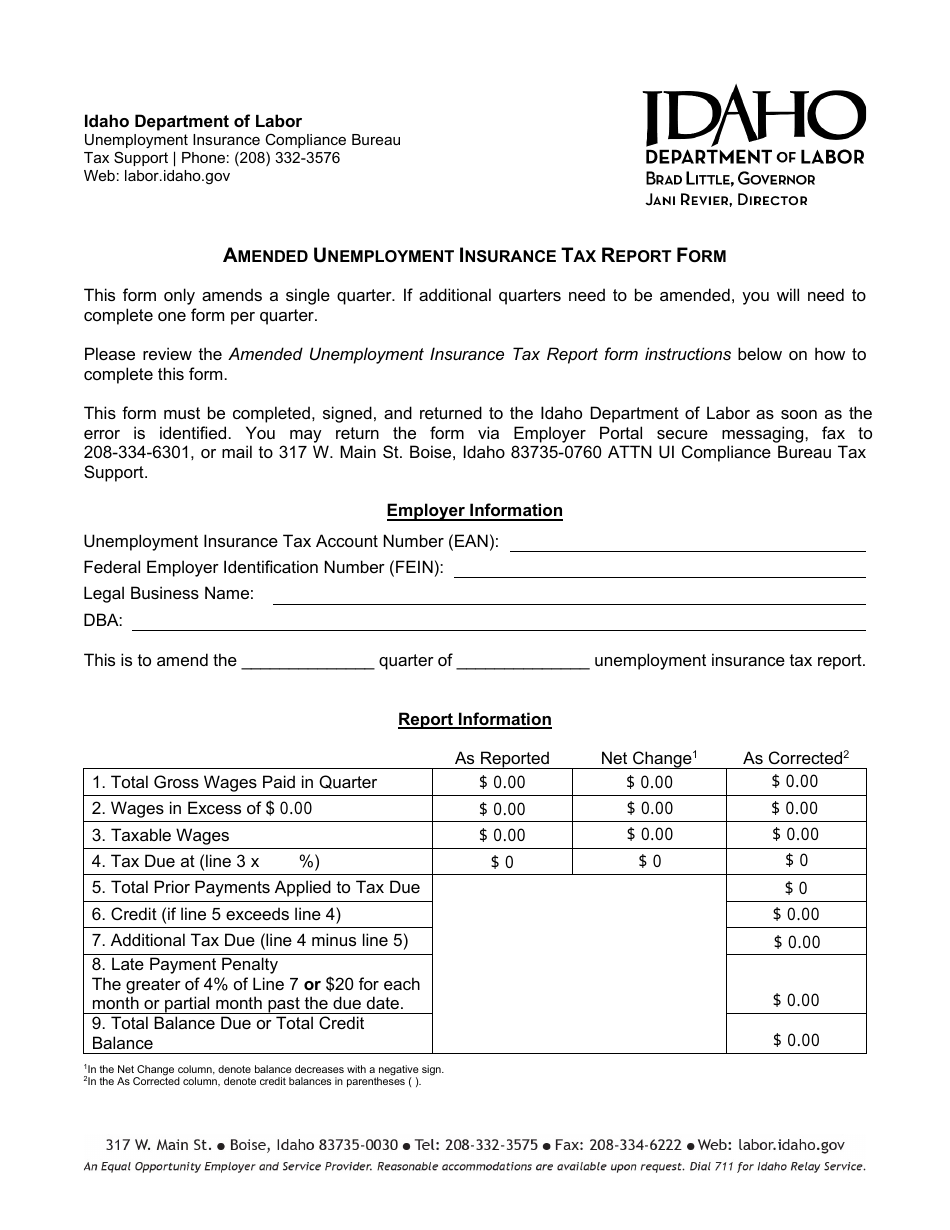 Amended Unemployment Insurance Tax Report Form - Idaho, Page 1