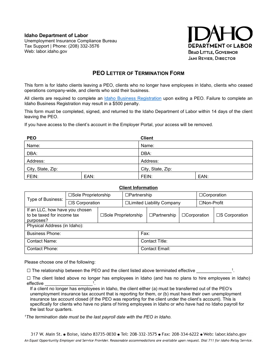 Peo Letter of Termination Form - Idaho, Page 1