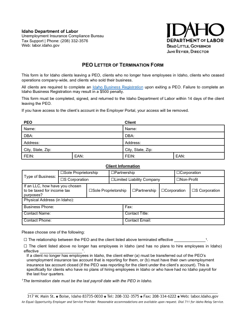 Peo Letter of Termination Form - Idaho Download Pdf